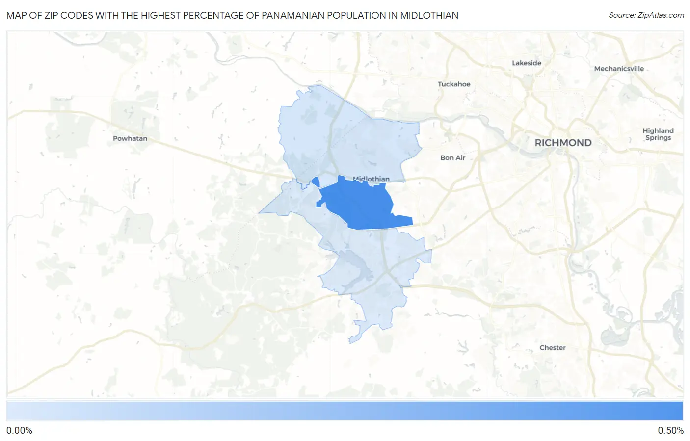 Zip Codes with the Highest Percentage of Panamanian Population in Midlothian Map