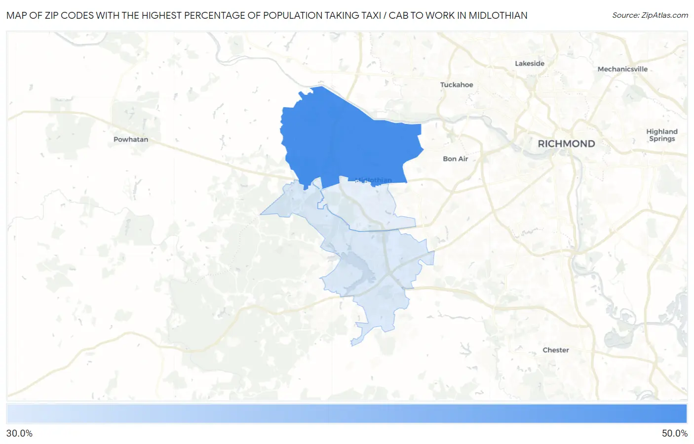 Zip Codes with the Highest Percentage of Population Taking Taxi / Cab to Work in Midlothian Map