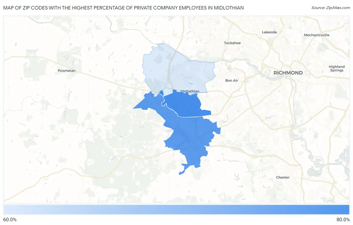 Zip Codes with the Highest Percentage of Private Company Employees in Midlothian Map