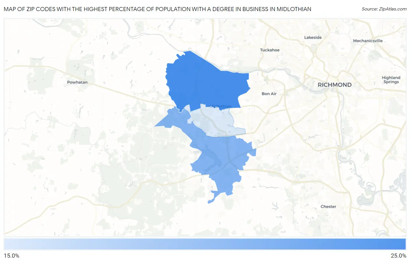 Zip Codes with the Highest Percentage of Population with a Degree in Business in Midlothian Map