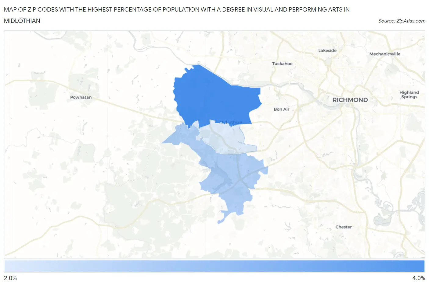 Zip Codes with the Highest Percentage of Population with a Degree in Visual and Performing Arts in Midlothian Map