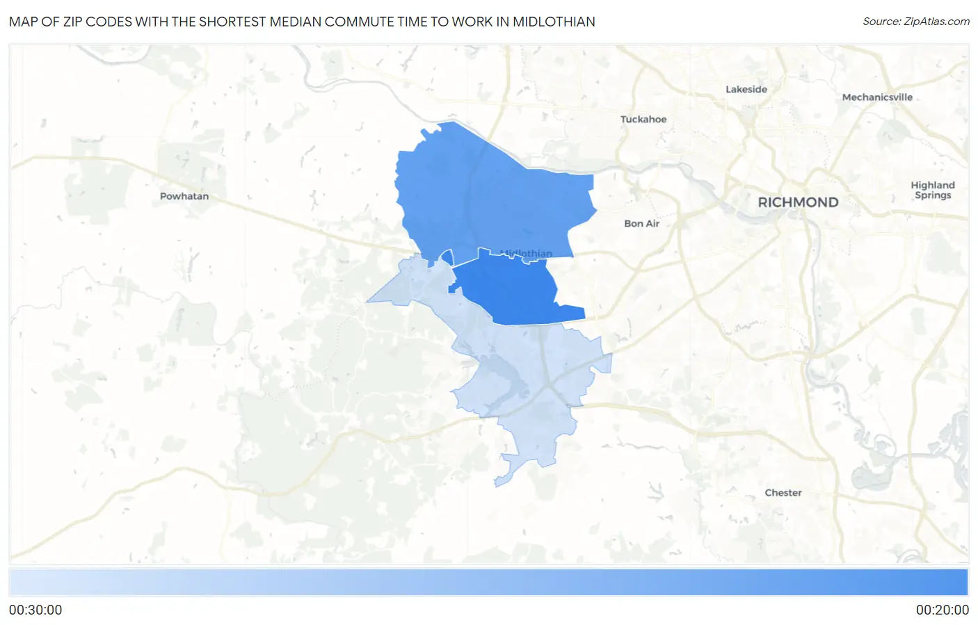 Zip Codes with the Shortest Median Commute Time to Work in Midlothian Map