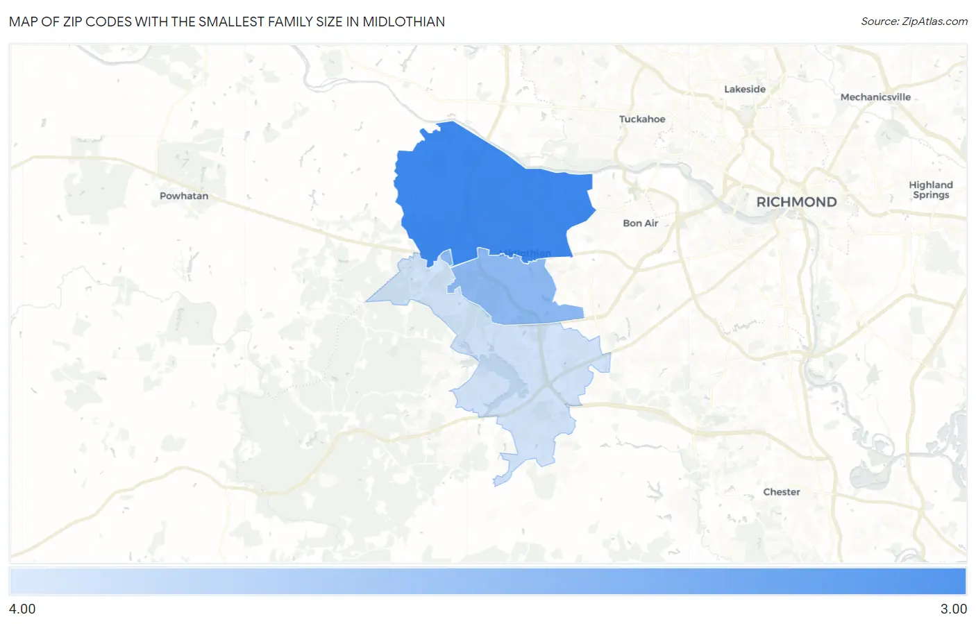 Zip Codes with the Smallest Family Size in Midlothian Map