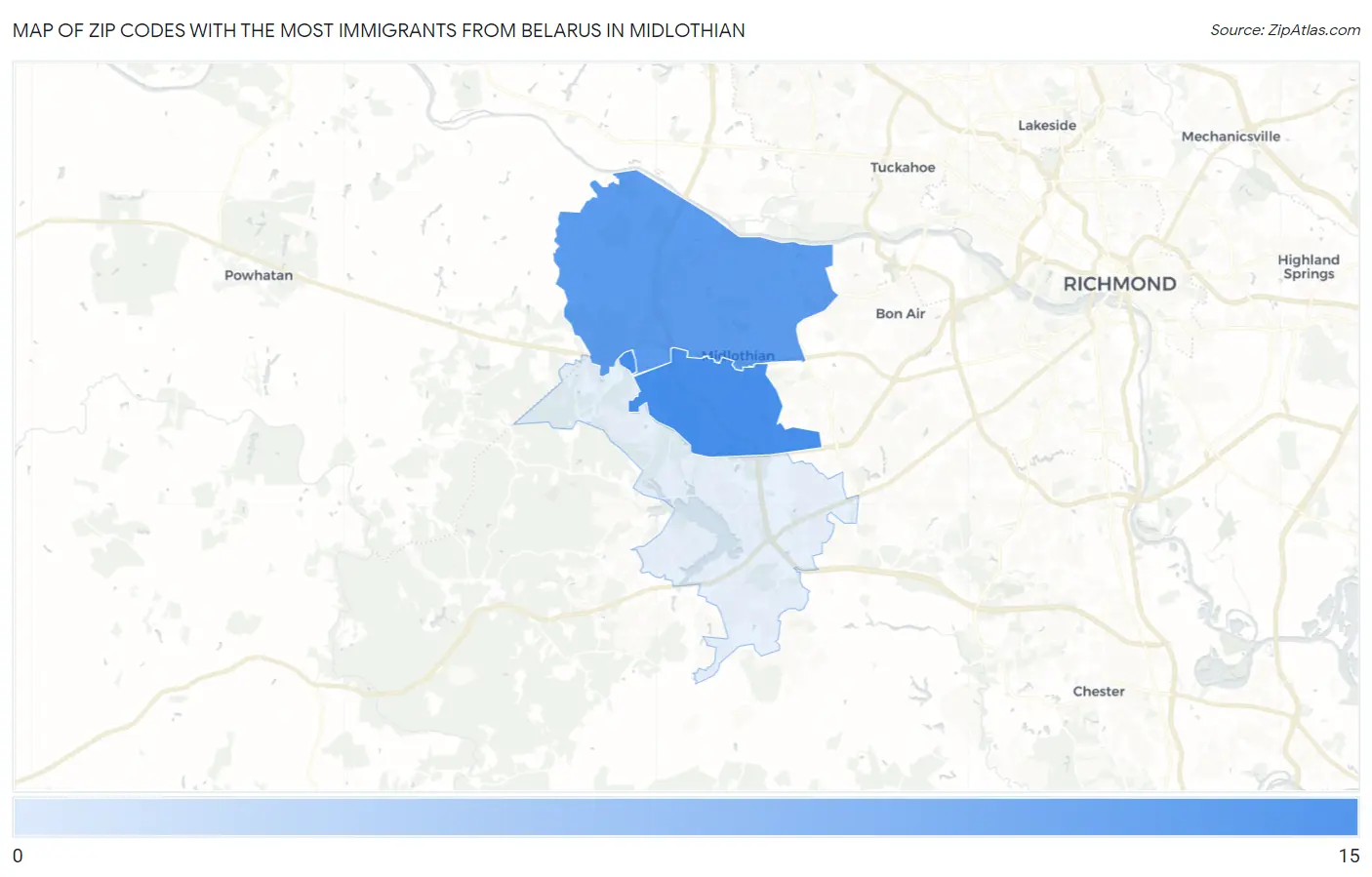 Zip Codes with the Most Immigrants from Belarus in Midlothian Map