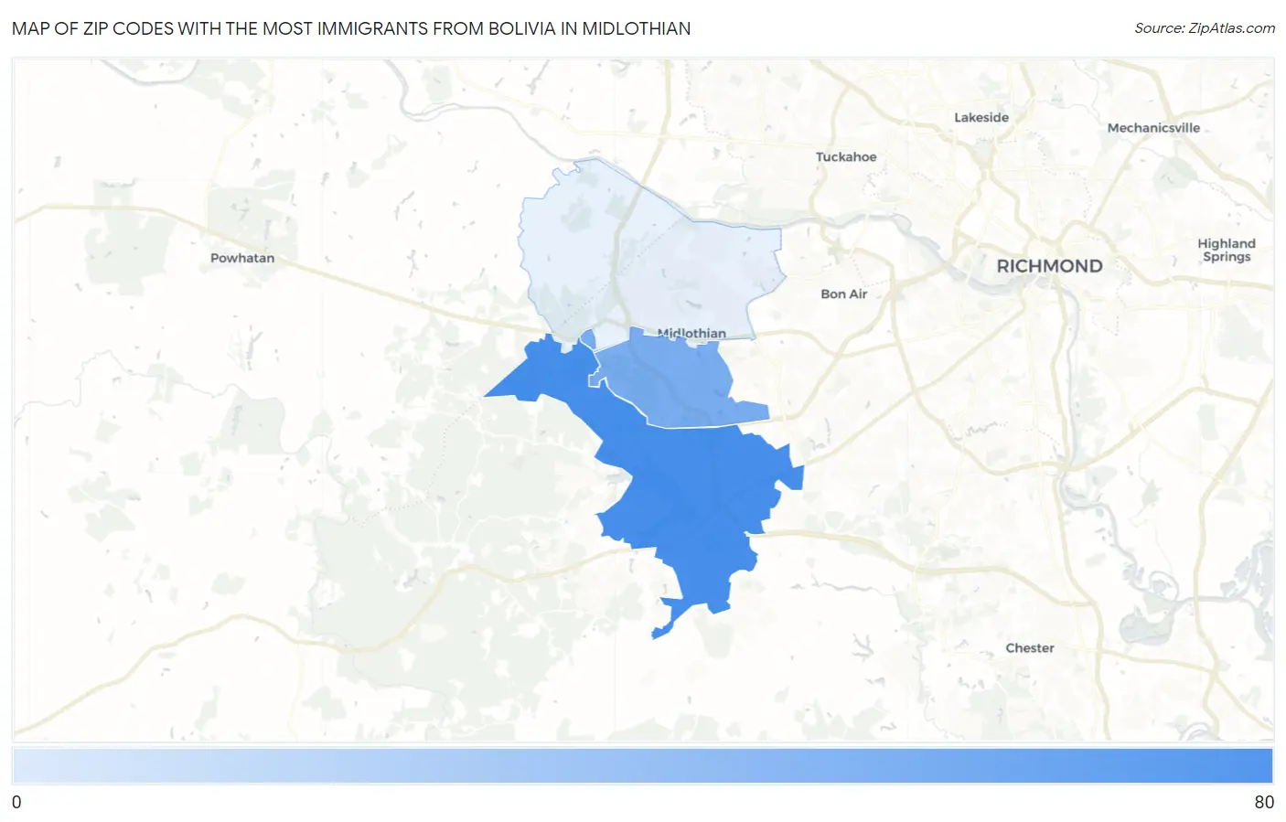 Zip Codes with the Most Immigrants from Bolivia in Midlothian Map