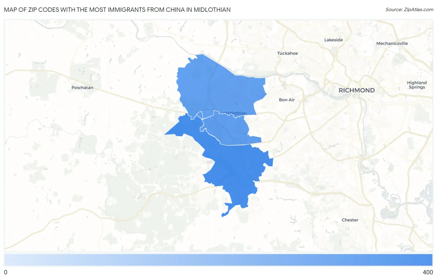 Zip Codes with the Most Immigrants from China in Midlothian Map