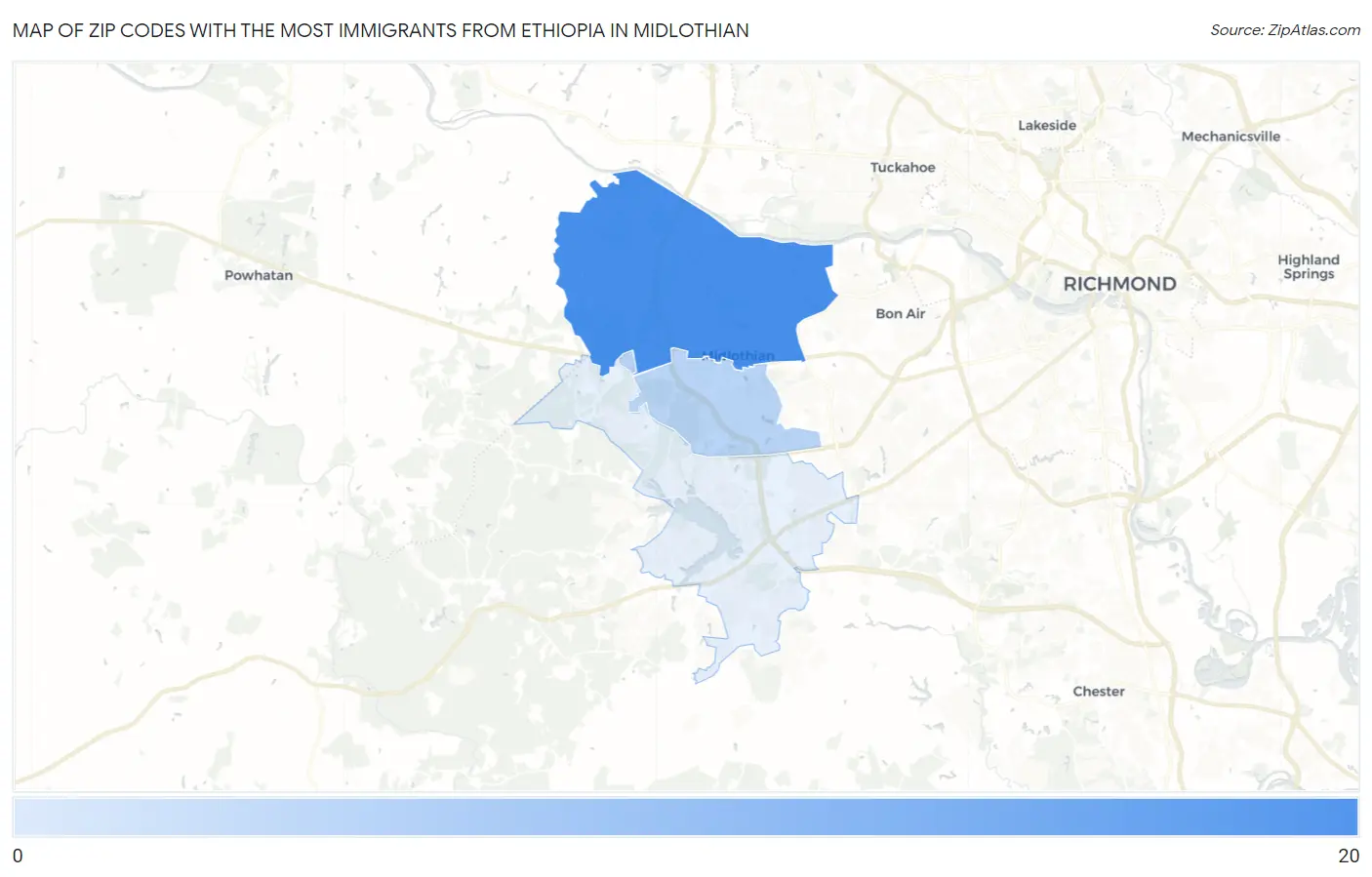 Zip Codes with the Most Immigrants from Ethiopia in Midlothian Map