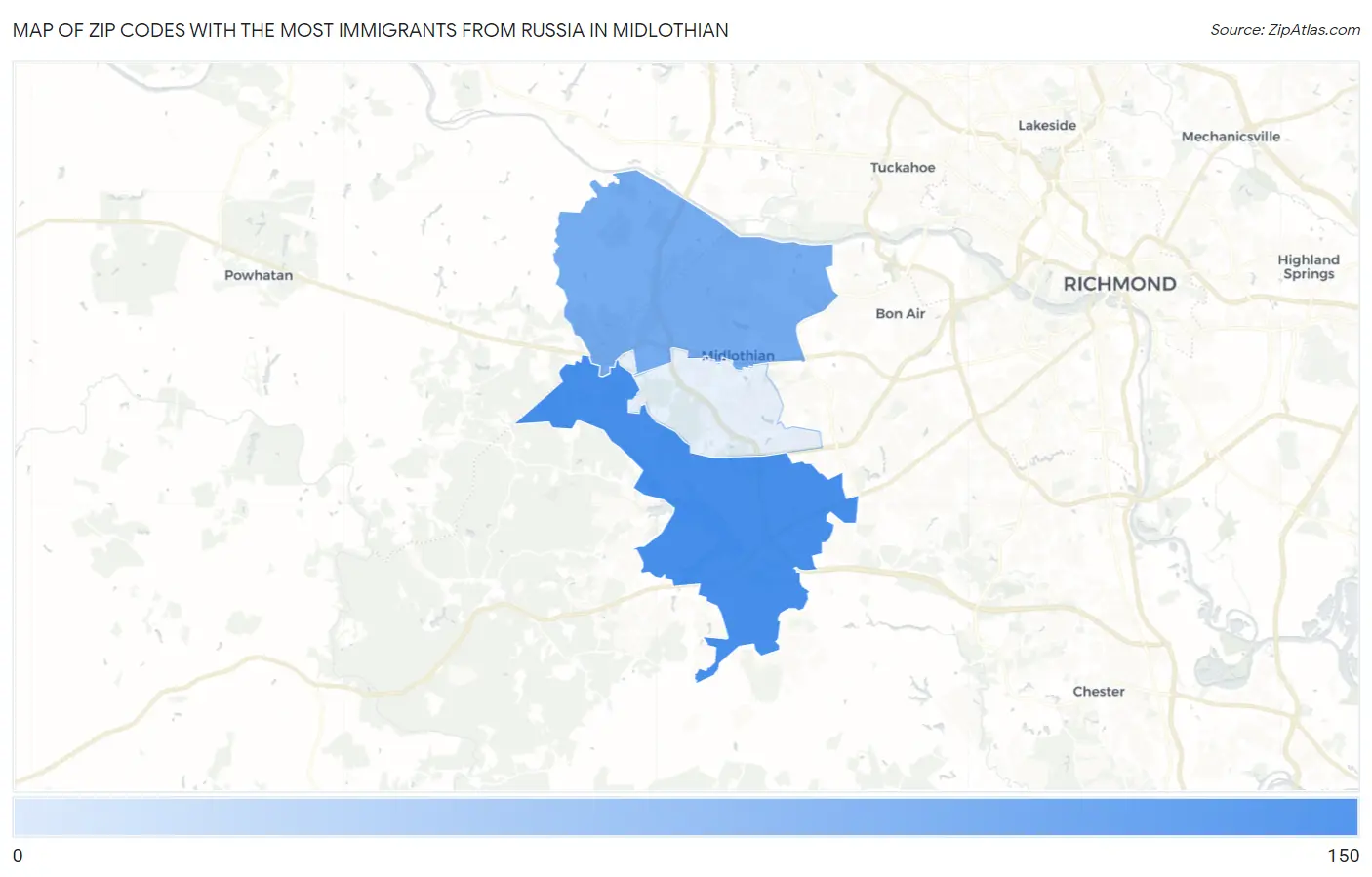 Zip Codes with the Most Immigrants from Russia in Midlothian Map