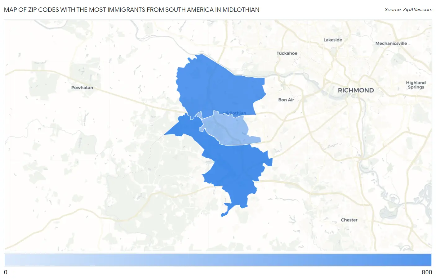 Zip Codes with the Most Immigrants from South America in Midlothian Map
