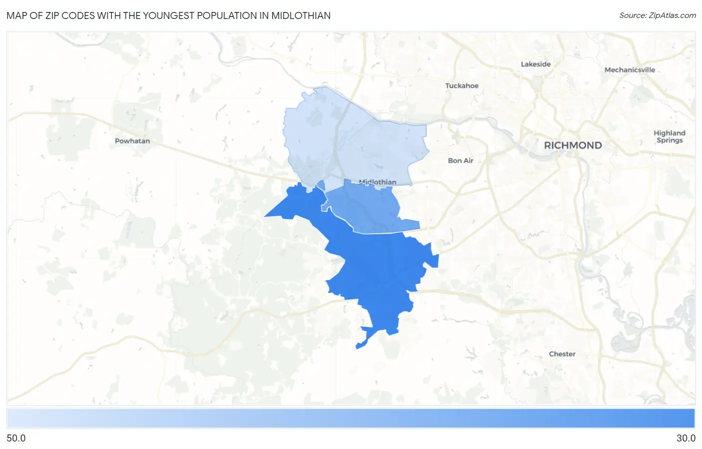 Zip Codes with the Youngest Population in Midlothian Map