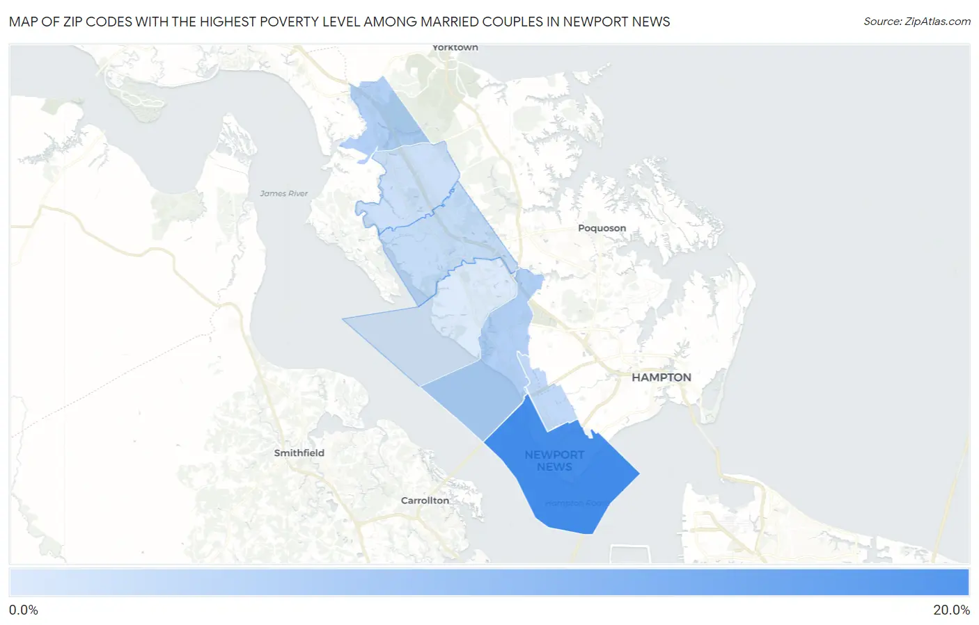 Zip Codes with the Highest Poverty Level Among Married Couples in Newport News Map