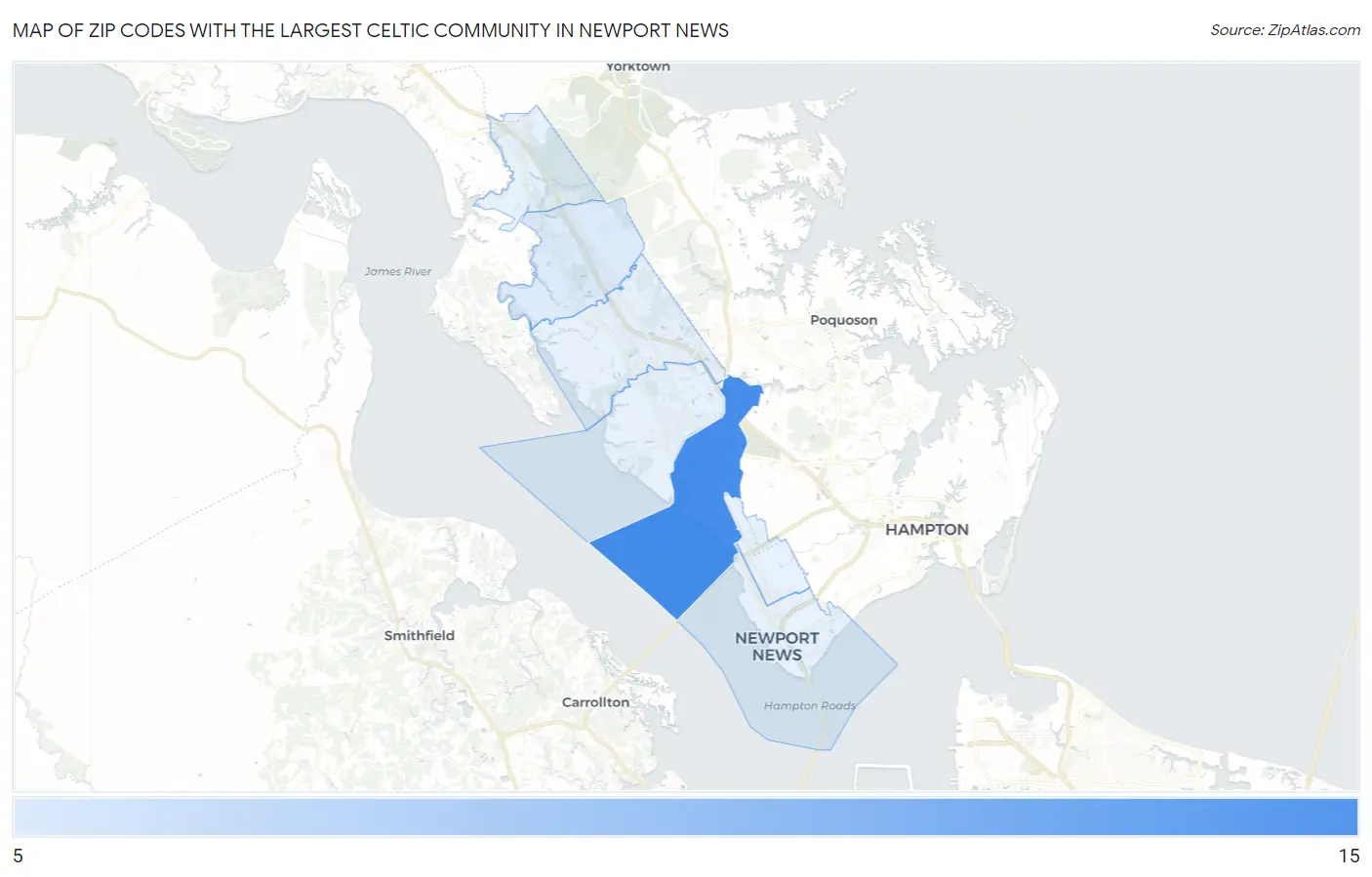 Zip Codes with the Largest Celtic Community in Newport News Map