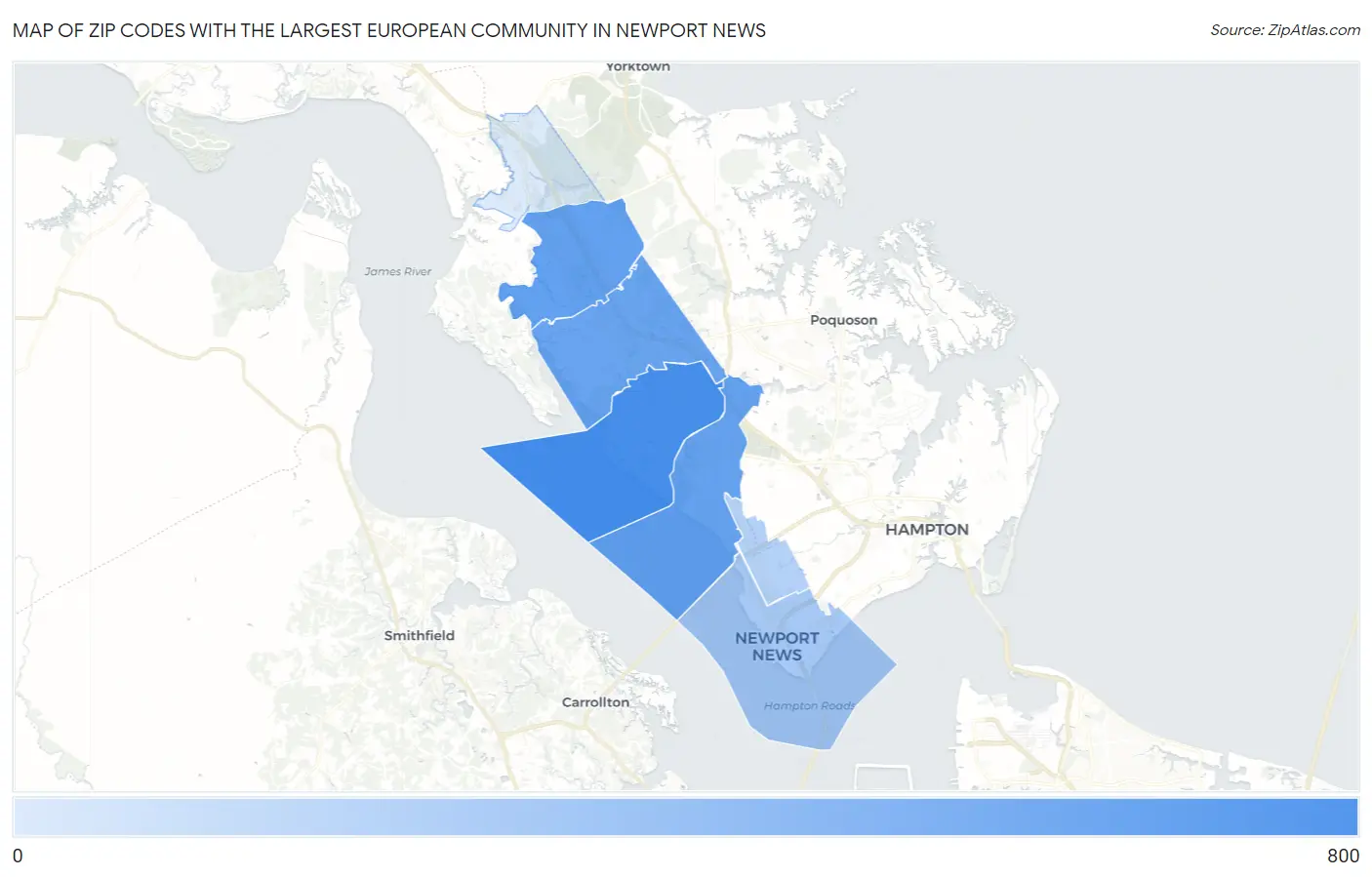 Zip Codes with the Largest European Community in Newport News Map