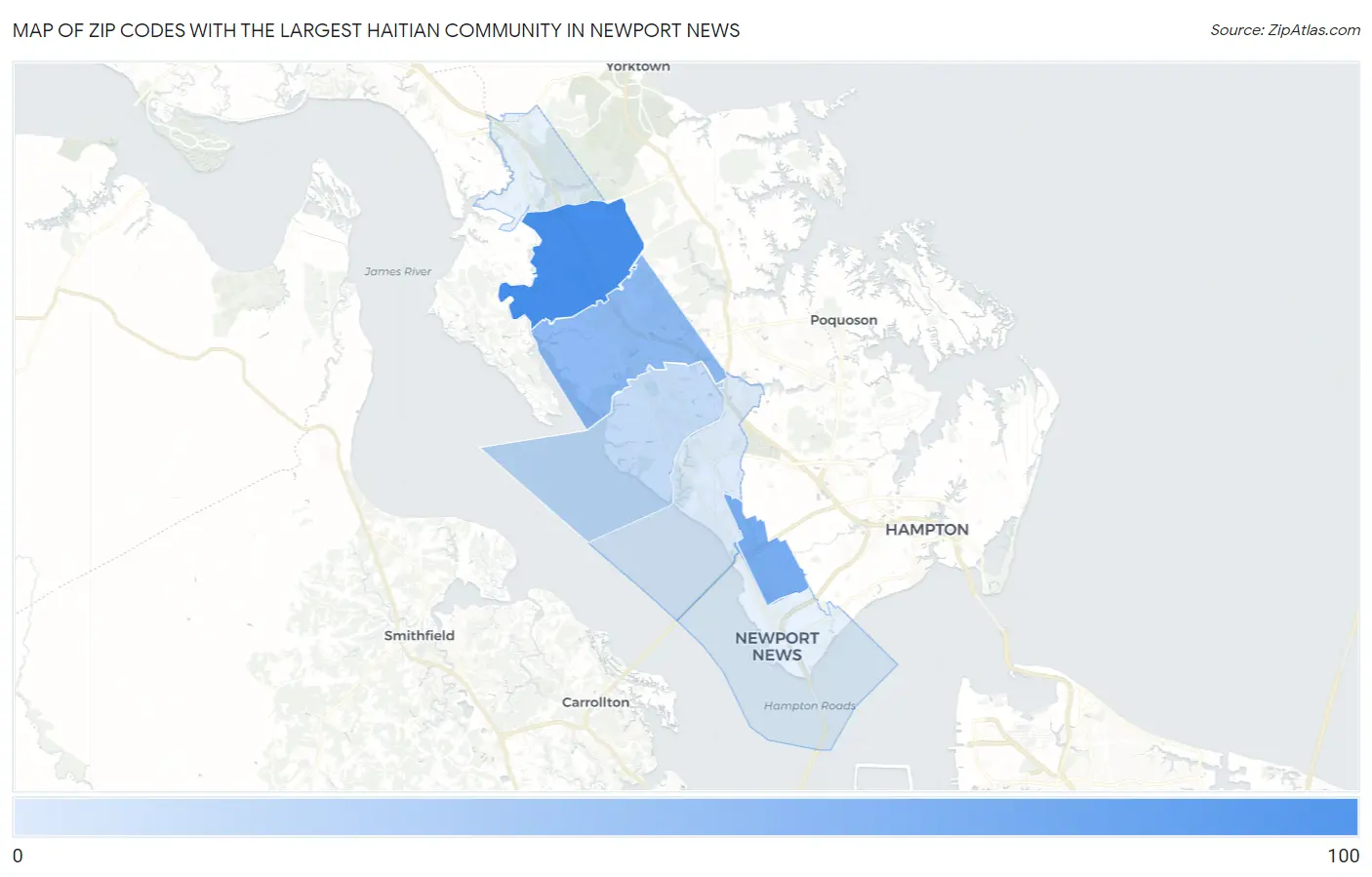 Zip Codes with the Largest Haitian Community in Newport News Map