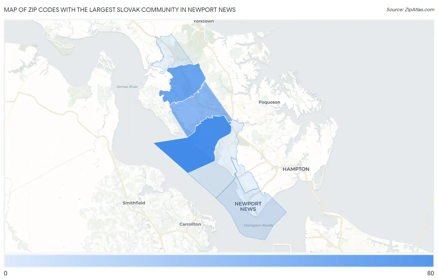 Zip Codes with the Largest Slovak Community in Newport News Map