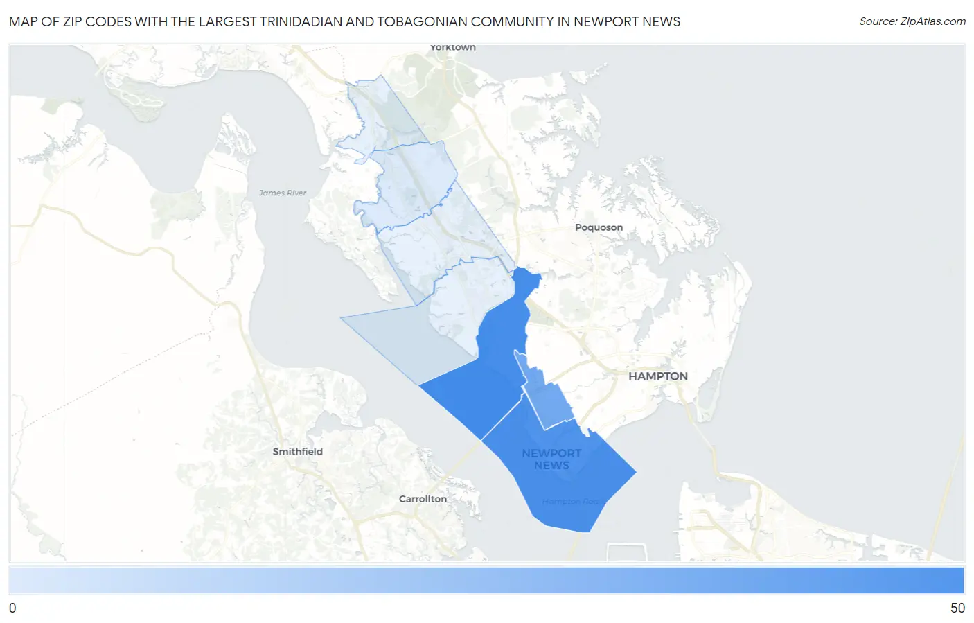 Zip Codes with the Largest Trinidadian and Tobagonian Community in Newport News Map