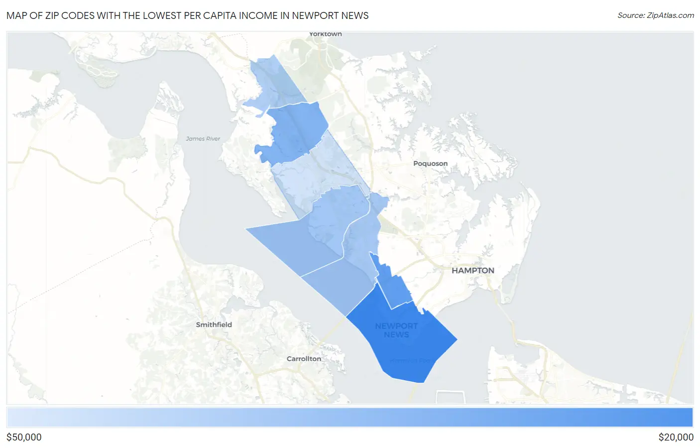 Zip Codes with the Lowest Per Capita Income in Newport News Map