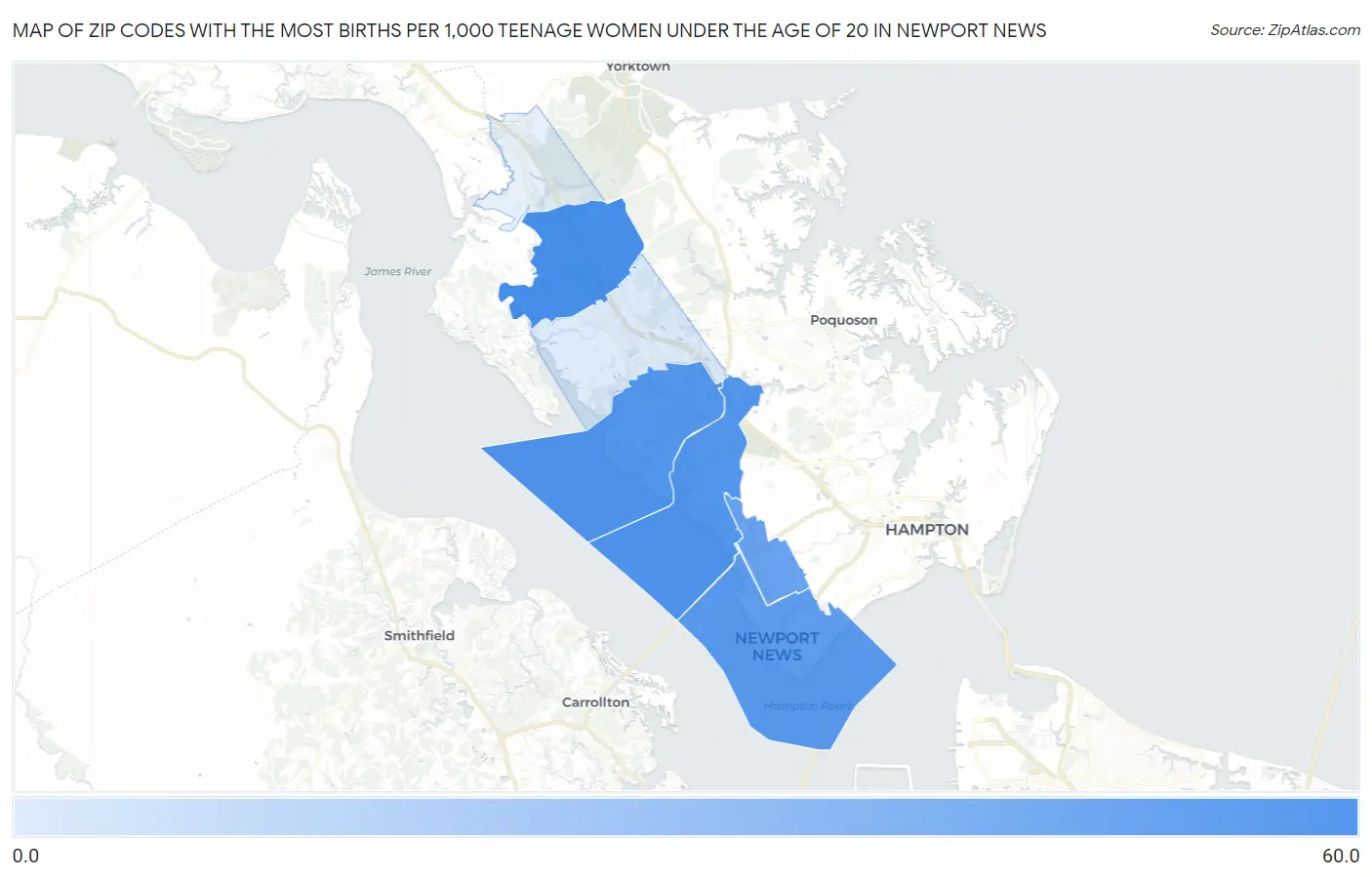 Zip Codes with the Most Births per 1,000 Teenage Women Under the Age of 20 in Newport News Map