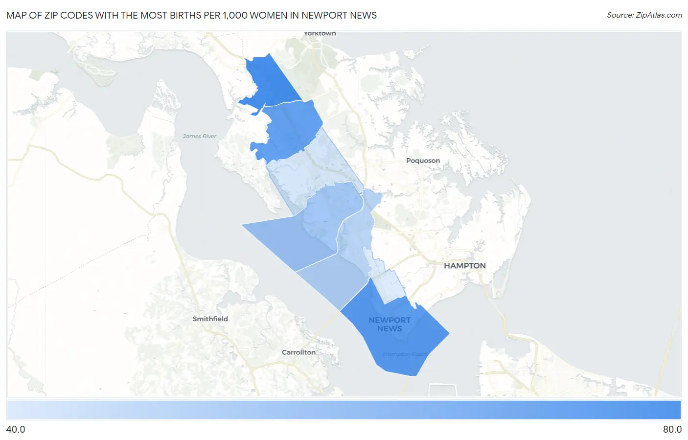 Zip Codes with the Most Births per 1,000 Women in Newport News Map