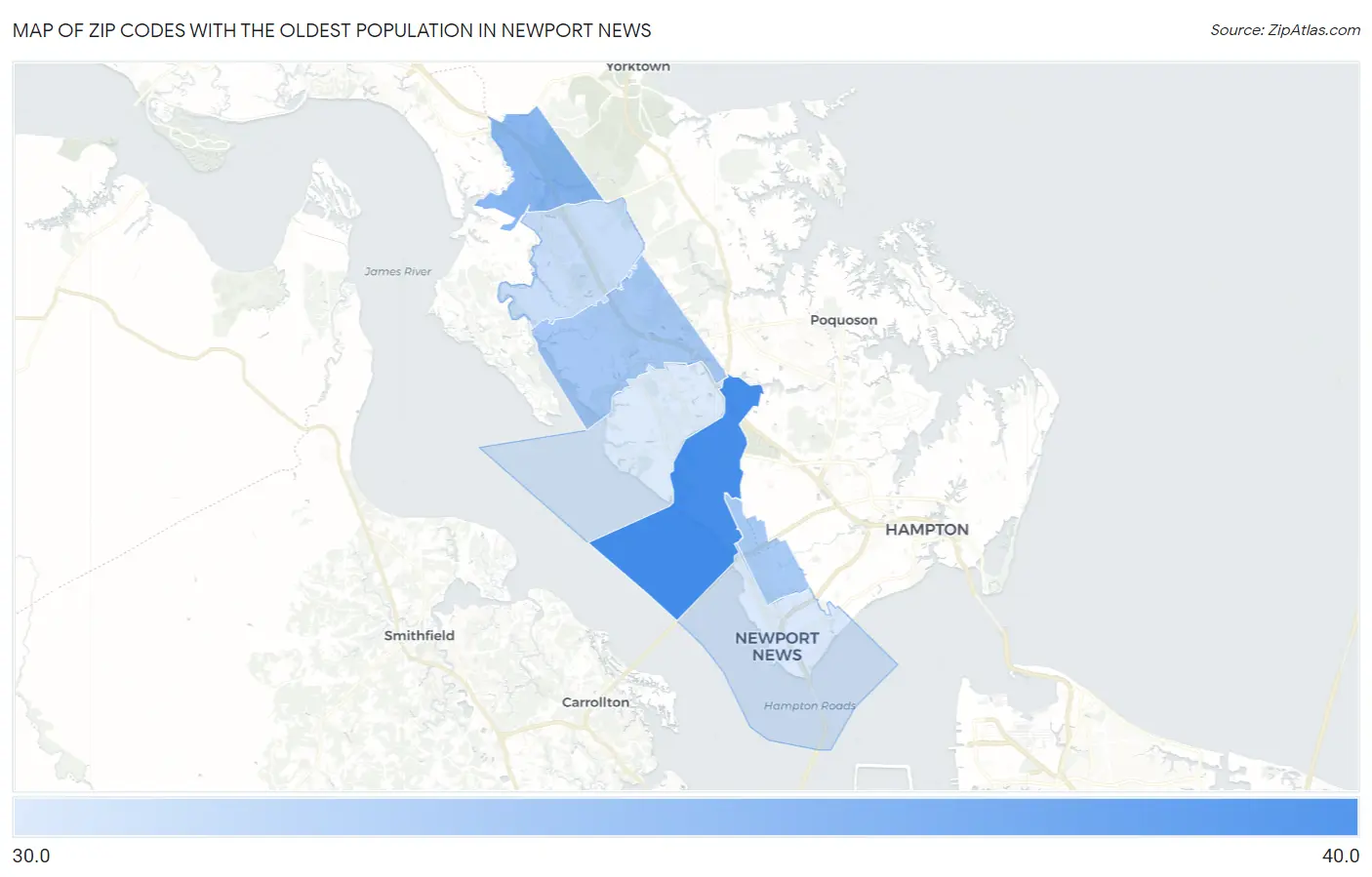 Zip Codes with the Oldest Population in Newport News Map