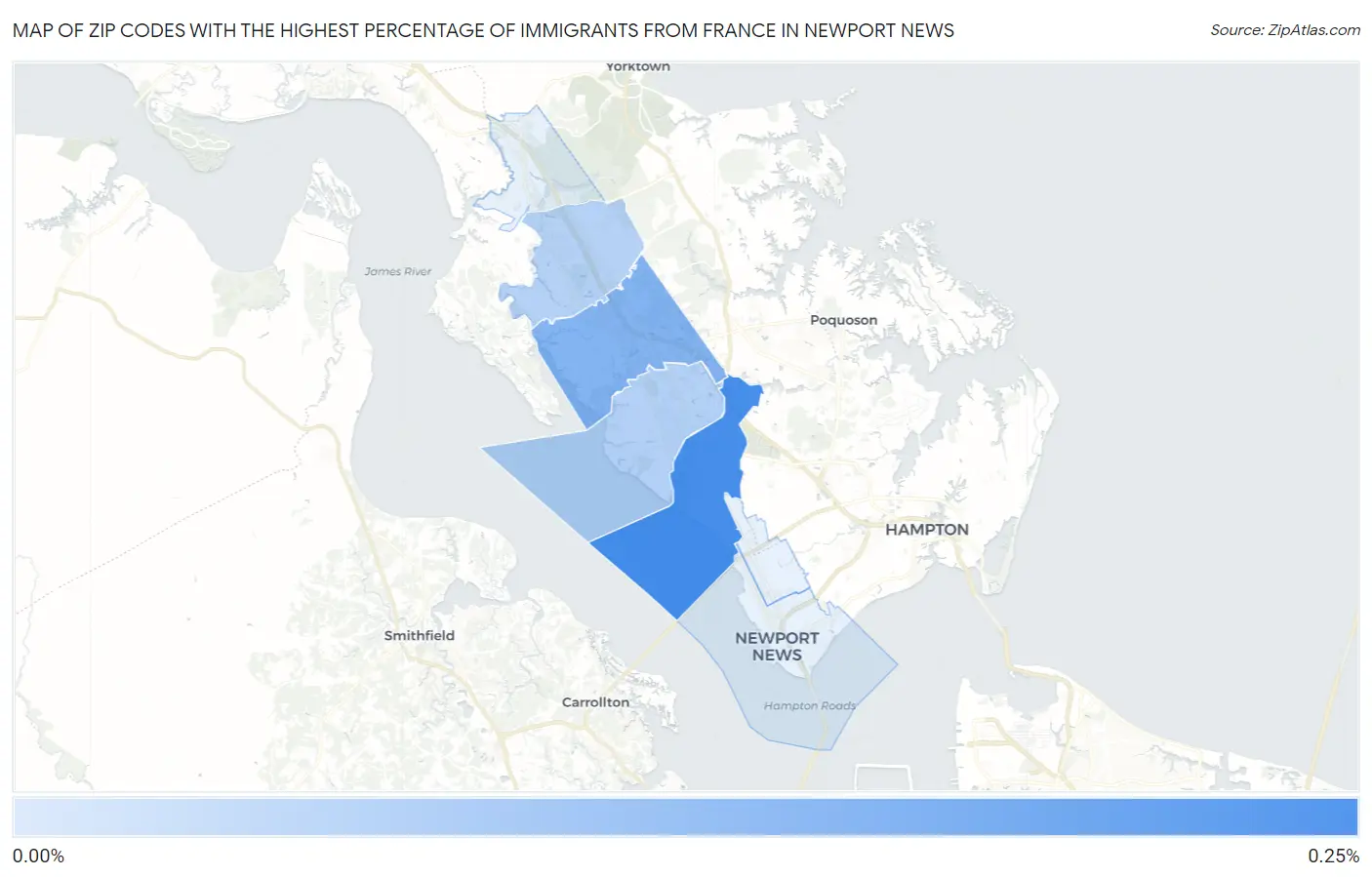 Zip Codes with the Highest Percentage of Immigrants from France in Newport News Map