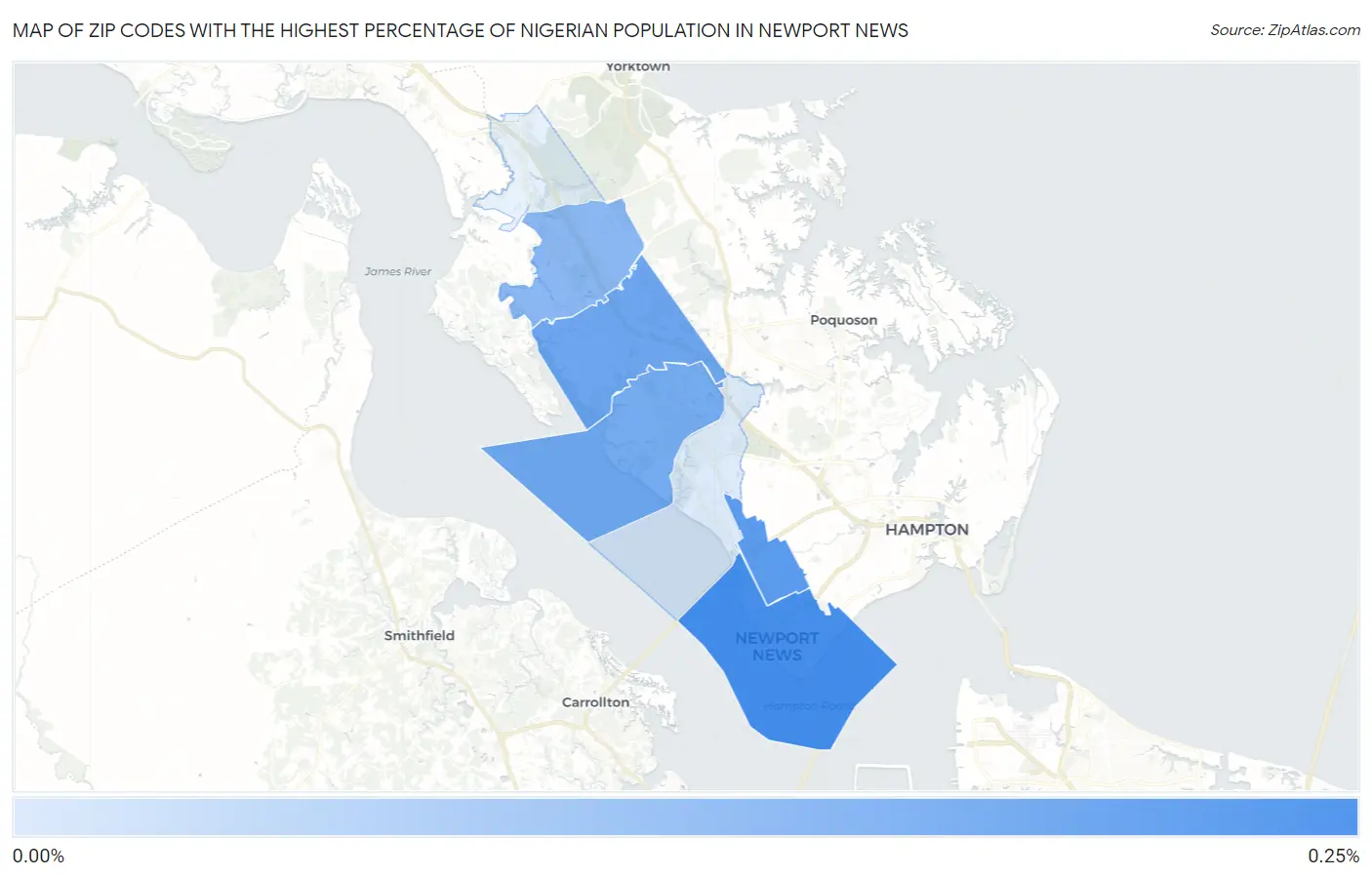 Zip Codes with the Highest Percentage of Nigerian Population in Newport News Map
