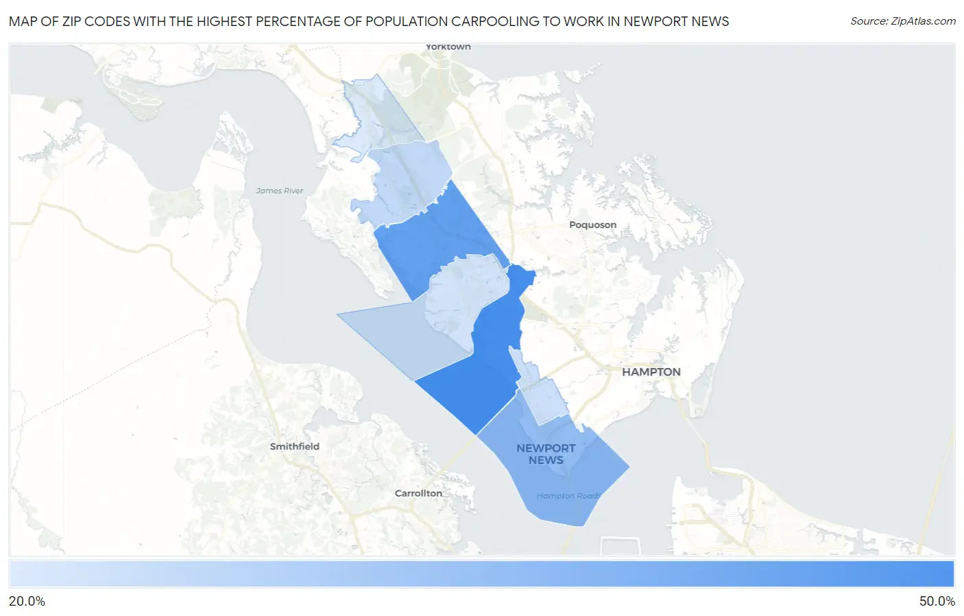 Zip Codes with the Highest Percentage of Population Carpooling to Work in Newport News Map