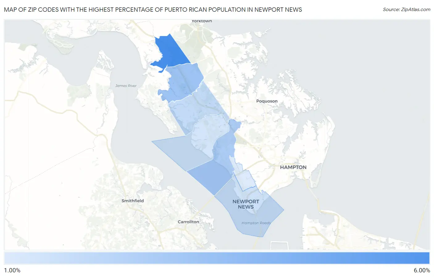 Zip Codes with the Highest Percentage of Puerto Rican Population in Newport News Map