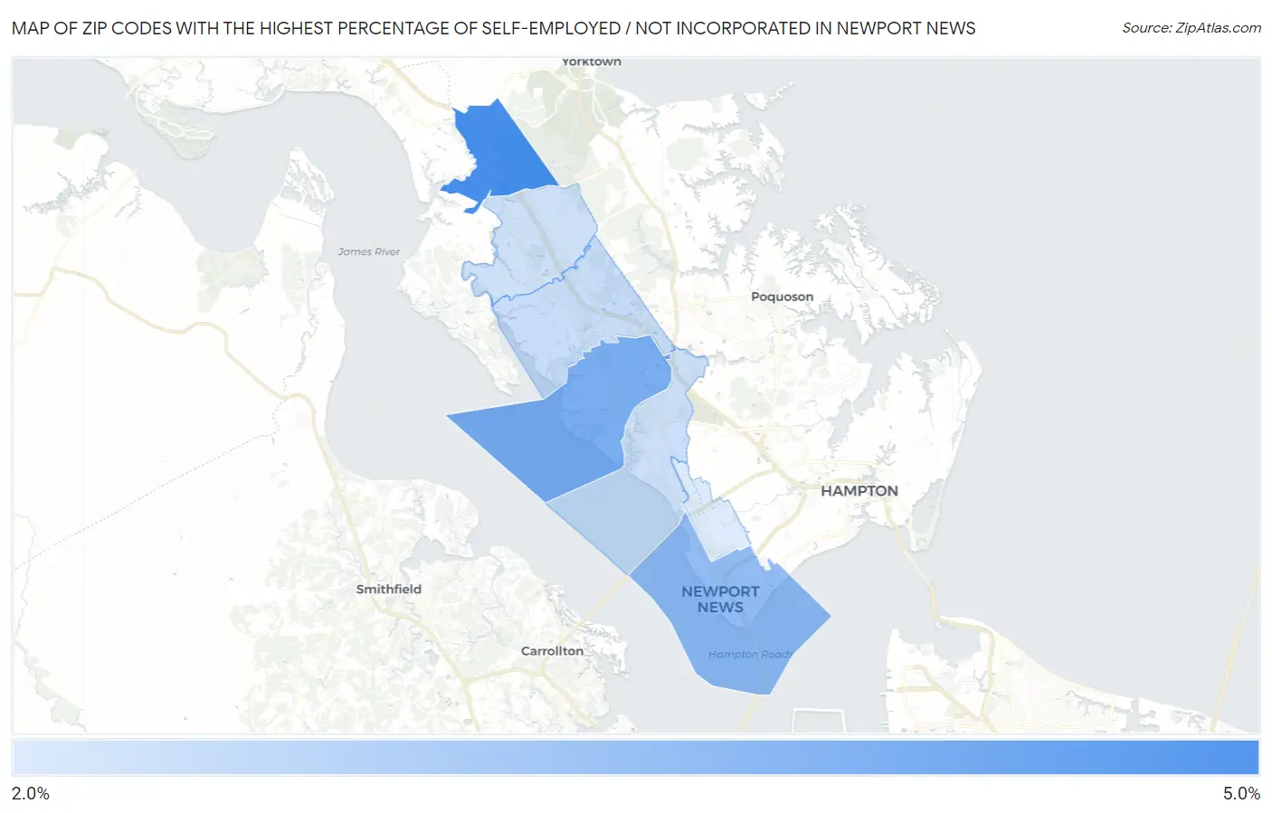 Zip Codes with the Highest Percentage of Self-Employed / Not Incorporated in Newport News Map