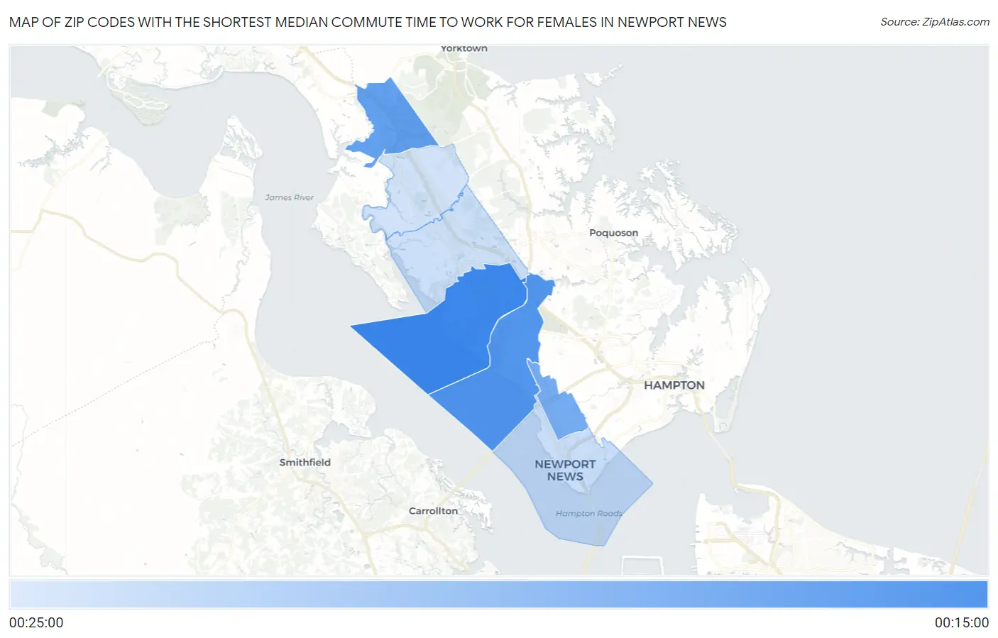 Zip Codes with the Shortest Median Commute Time to Work for Females in Newport News Map