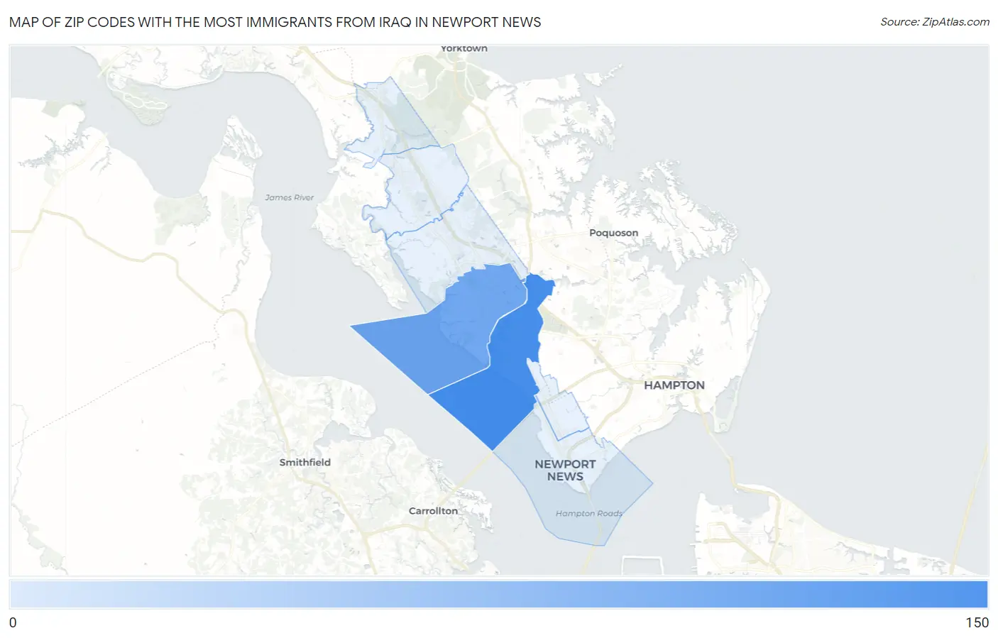 Zip Codes with the Most Immigrants from Iraq in Newport News Map
