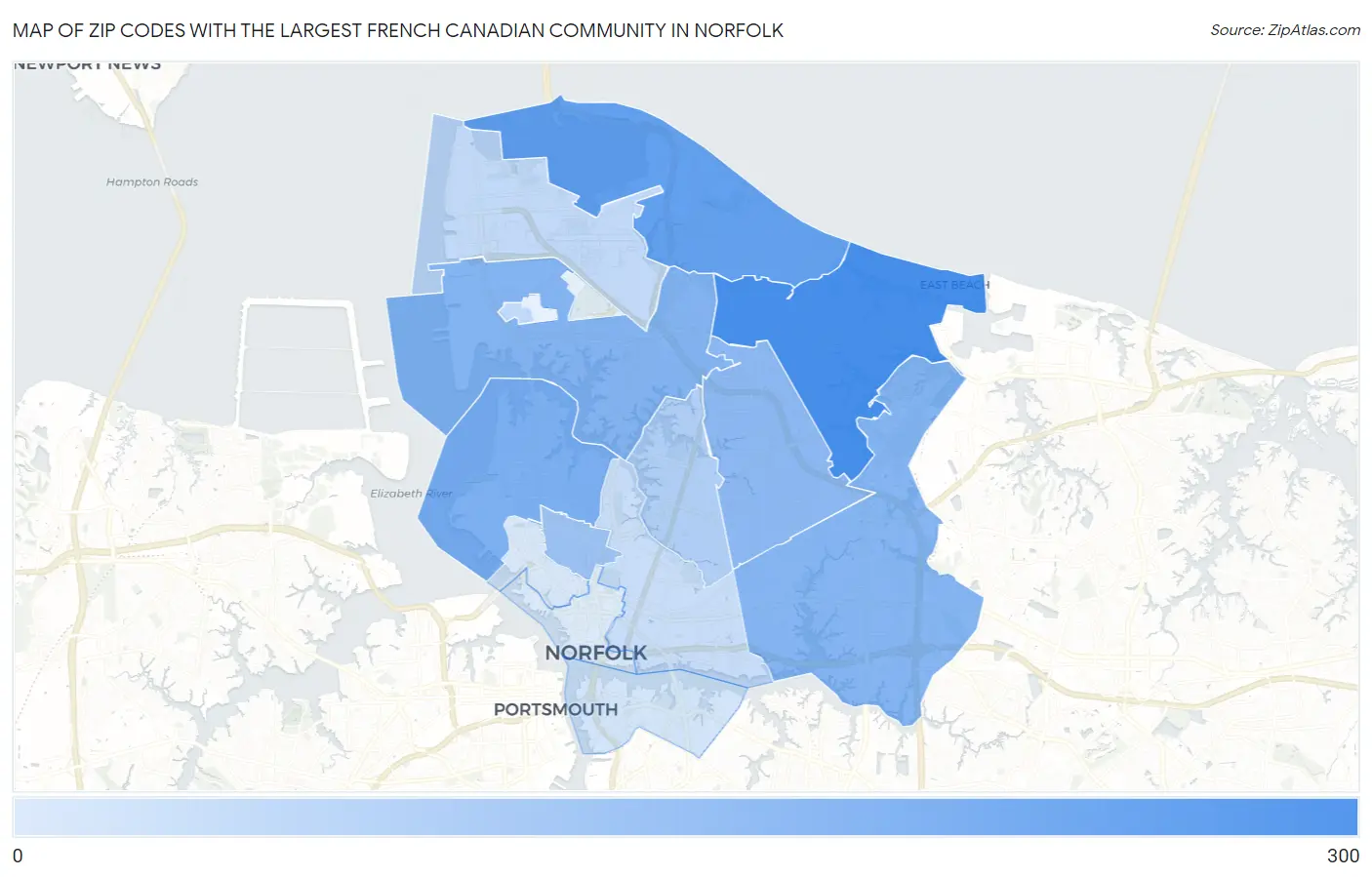 Zip Codes with the Largest French Canadian Community in Norfolk Map