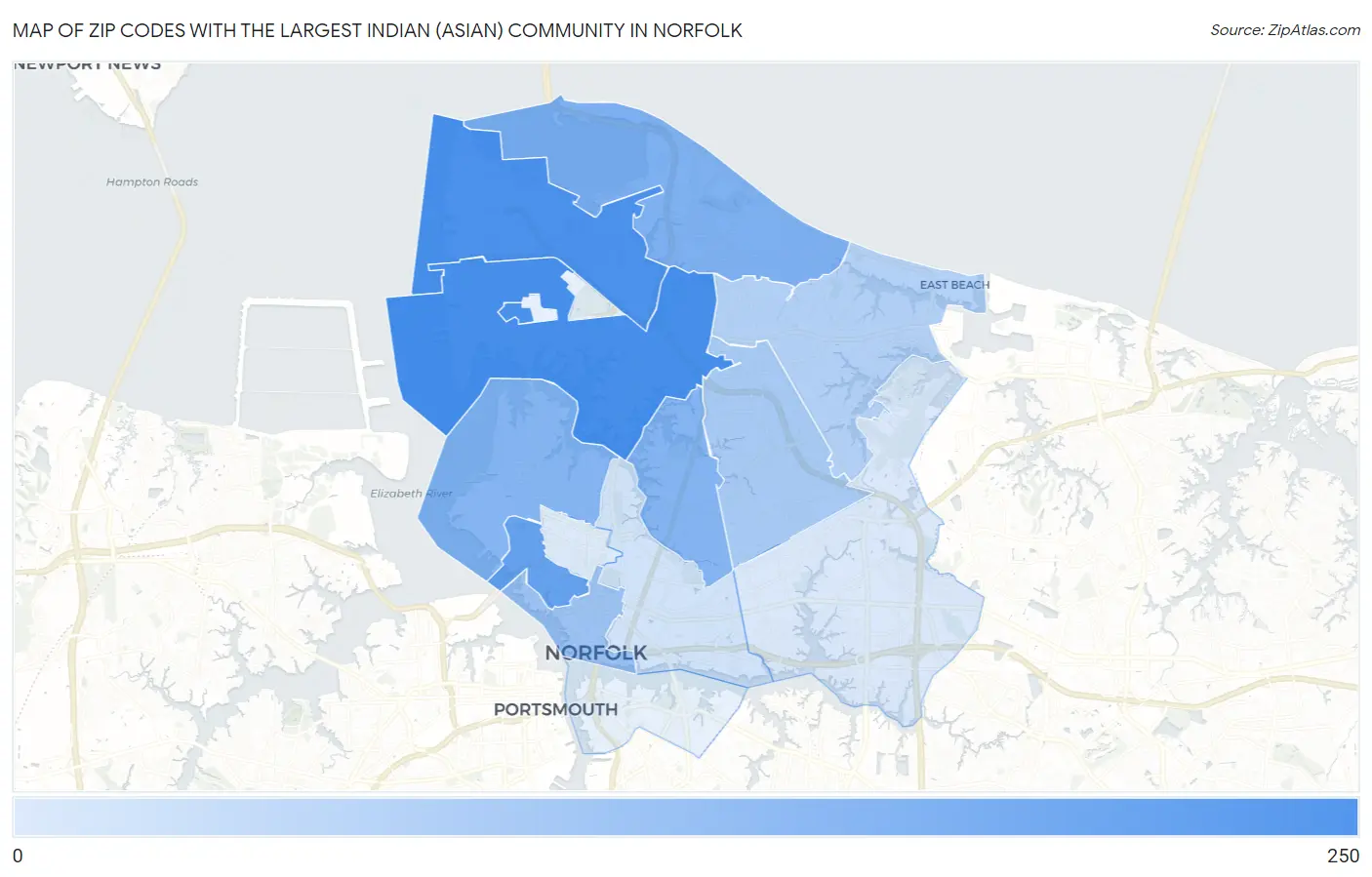 Zip Codes with the Largest Indian (Asian) Community in Norfolk Map
