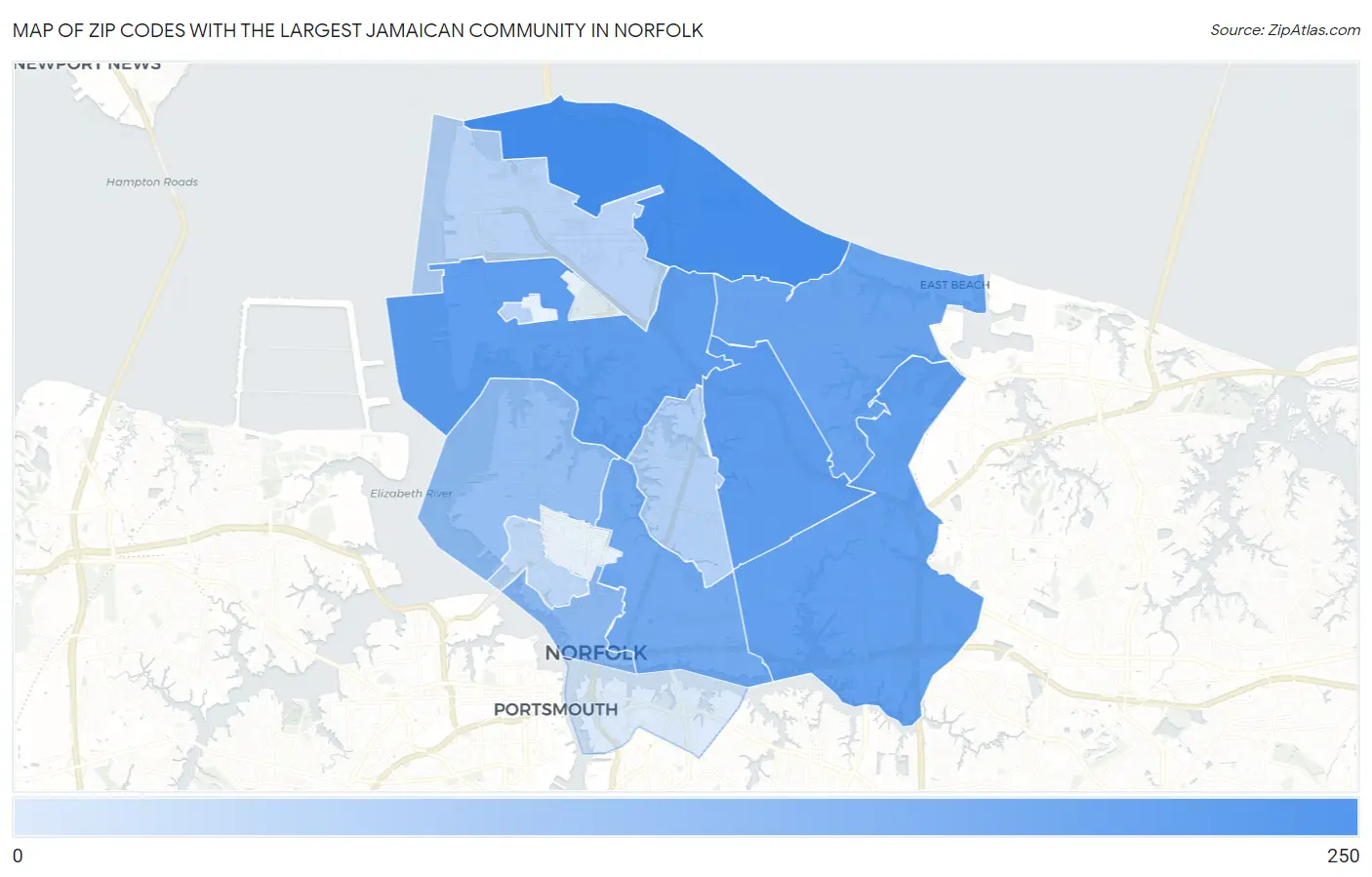 Zip Codes with the Largest Jamaican Community in Norfolk Map