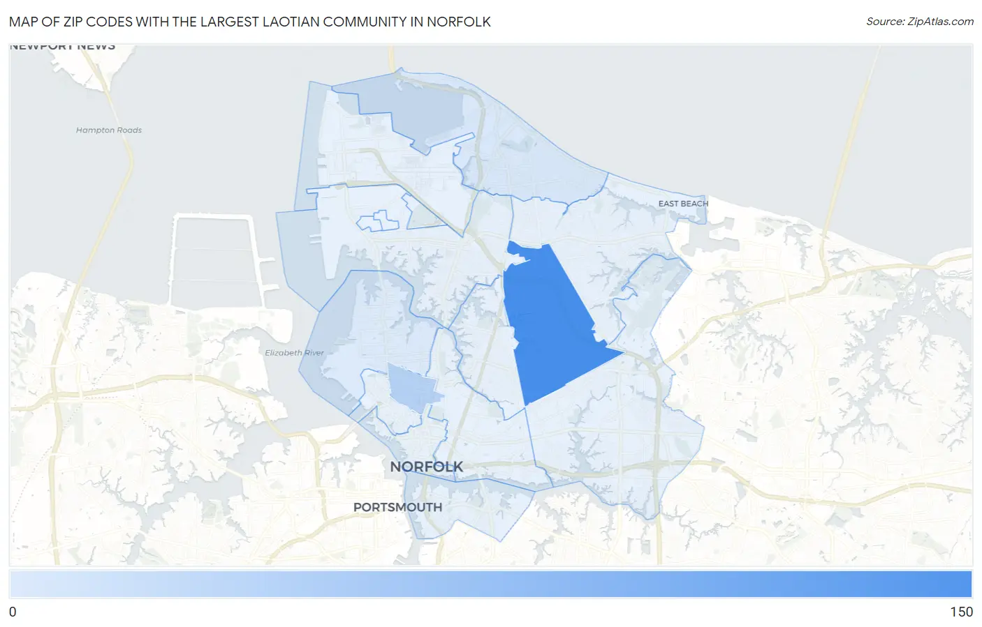 Zip Codes with the Largest Laotian Community in Norfolk Map