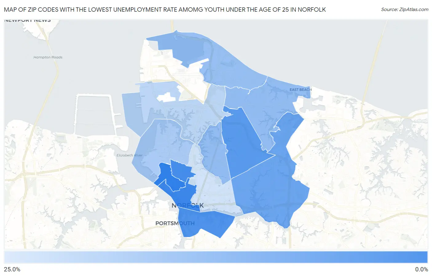 Zip Codes with the Lowest Unemployment Rate Amomg Youth Under the Age of 25 in Norfolk Map