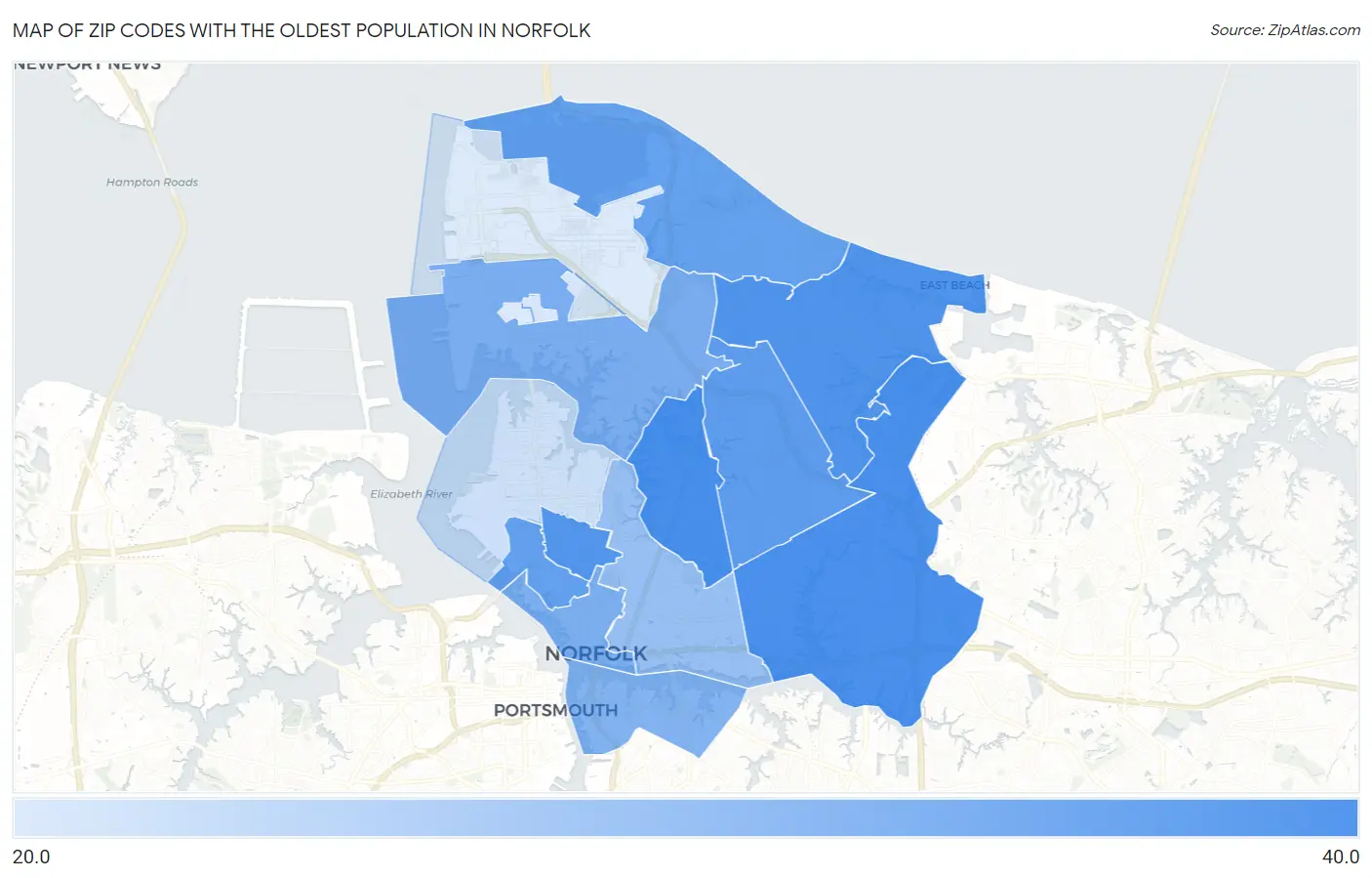 Zip Codes with the Oldest Population in Norfolk Map