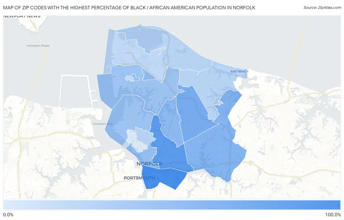 Zip Codes with the Highest Percentage of Black / African American Population in Norfolk Map