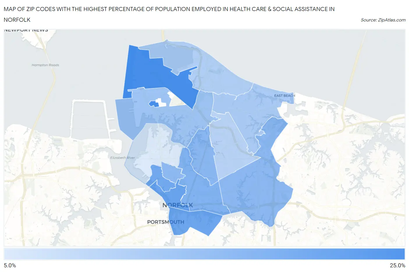 Zip Codes with the Highest Percentage of Population Employed in Health Care & Social Assistance in Norfolk Map