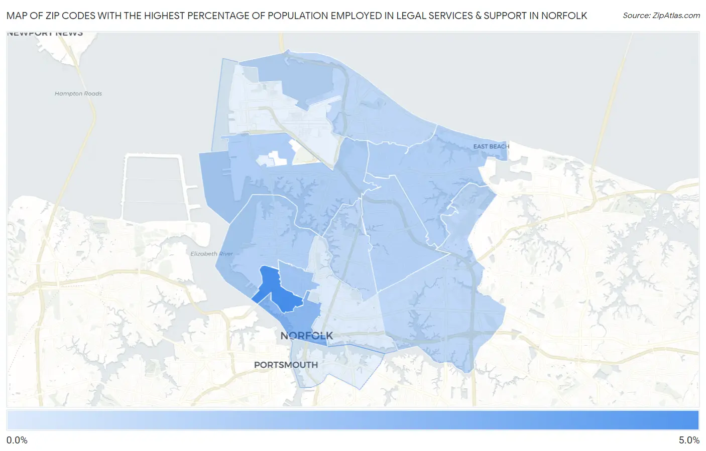 Zip Codes with the Highest Percentage of Population Employed in Legal Services & Support in Norfolk Map