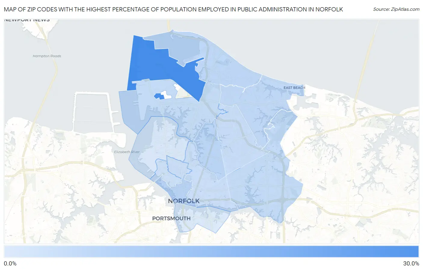 Zip Codes with the Highest Percentage of Population Employed in Public Administration in Norfolk Map