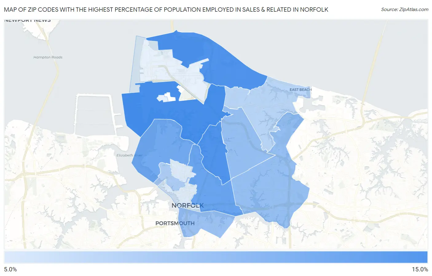 Zip Codes with the Highest Percentage of Population Employed in Sales & Related in Norfolk Map