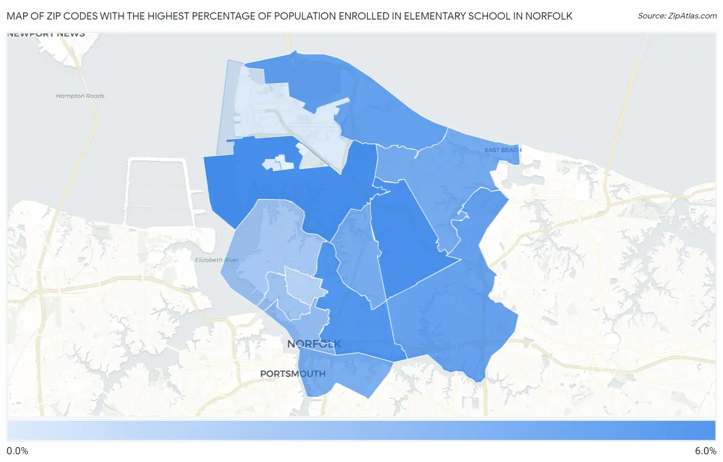 Zip Codes with the Highest Percentage of Population Enrolled in Elementary School in Norfolk Map