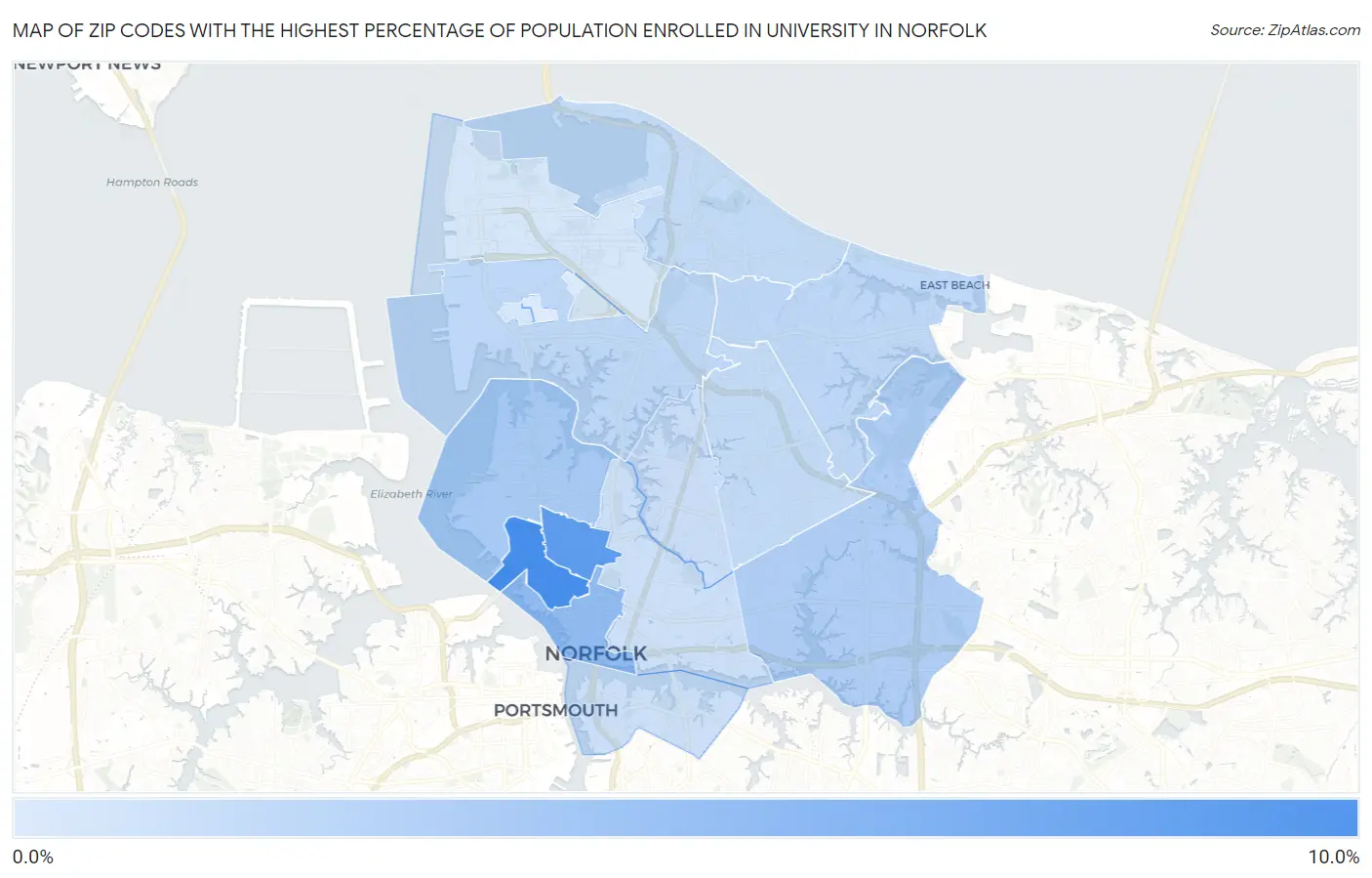 Zip Codes with the Highest Percentage of Population Enrolled in University in Norfolk Map