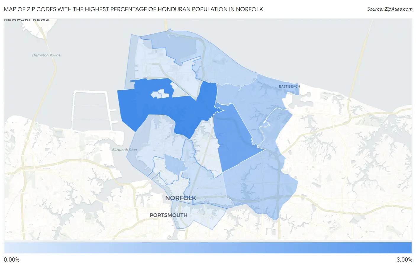 Zip Codes with the Highest Percentage of Honduran Population in Norfolk Map