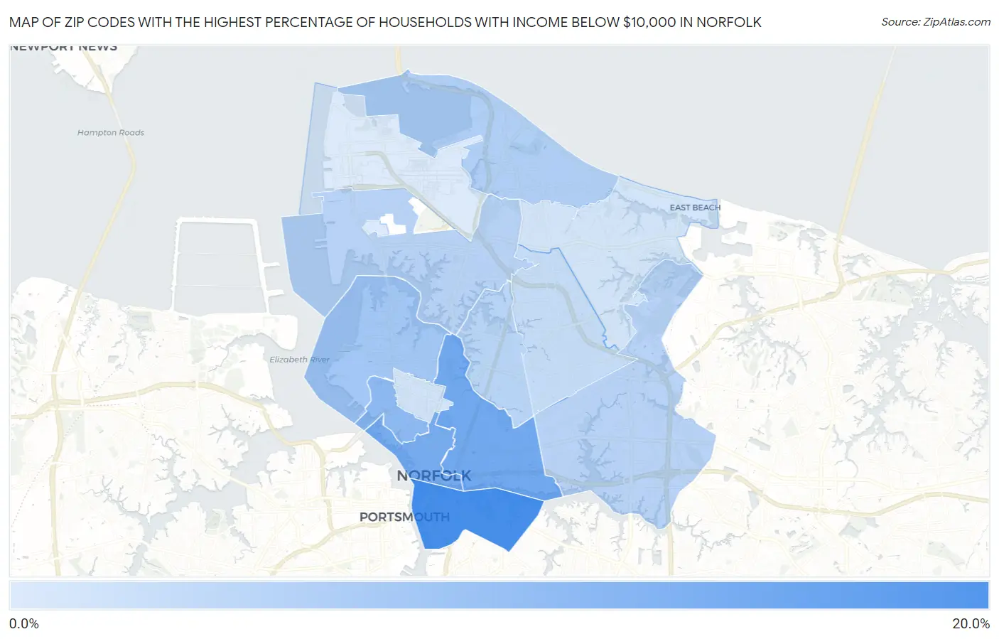 Zip Codes with the Highest Percentage of Households with Income Below $10,000 in Norfolk Map