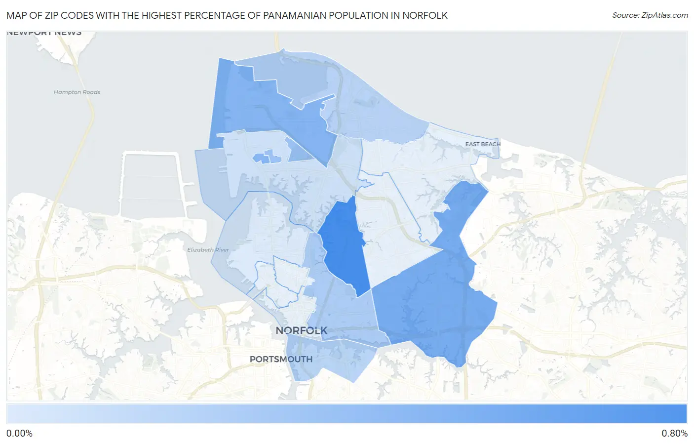 Zip Codes with the Highest Percentage of Panamanian Population in Norfolk Map