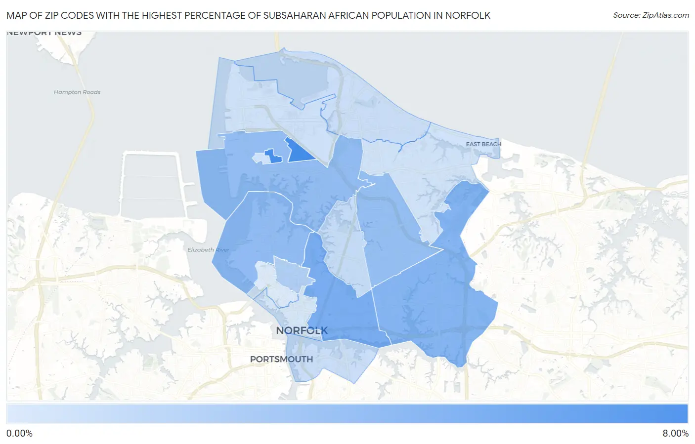 Zip Codes with the Highest Percentage of Subsaharan African Population in Norfolk Map