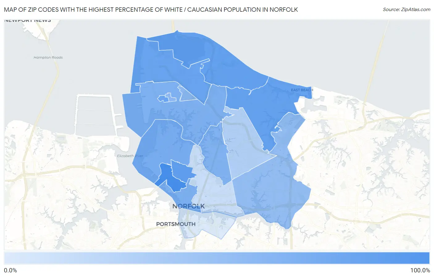 Zip Codes with the Highest Percentage of White / Caucasian Population in Norfolk Map