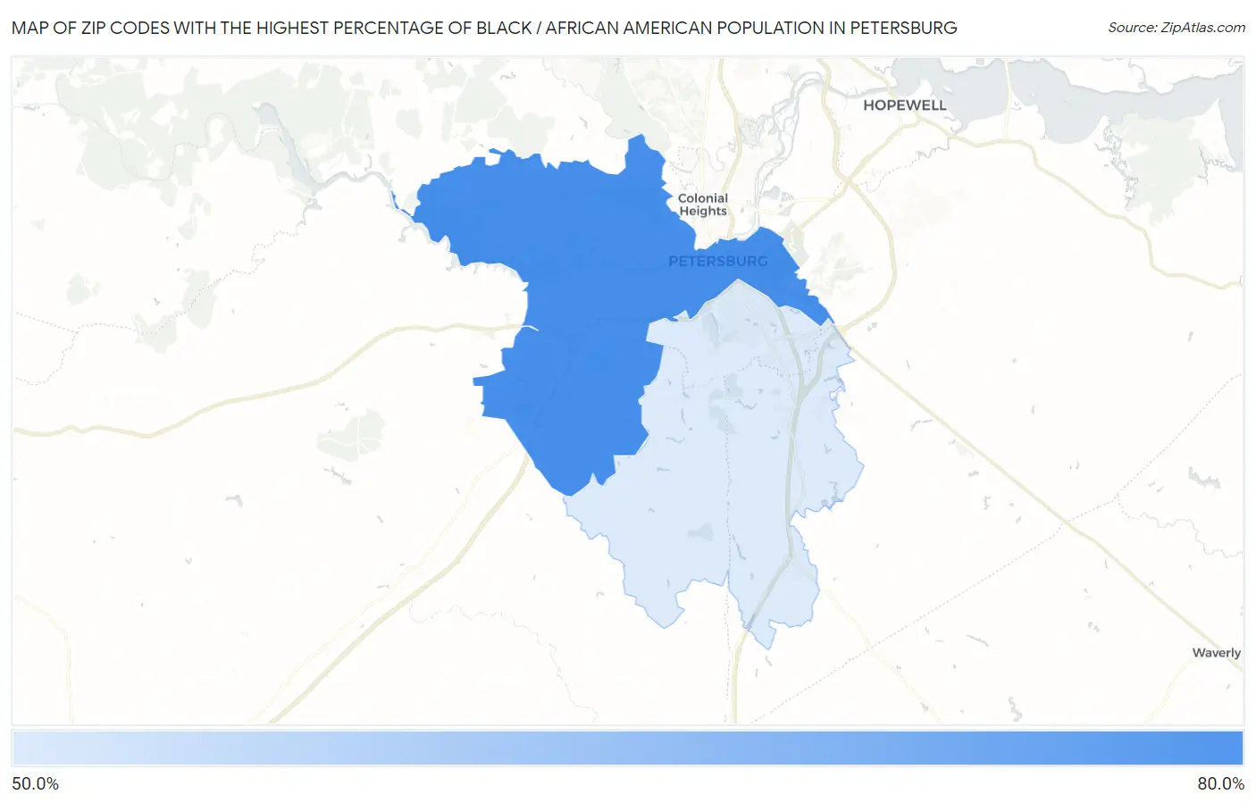 Zip Codes with the Highest Percentage of Black / African American Population in Petersburg Map